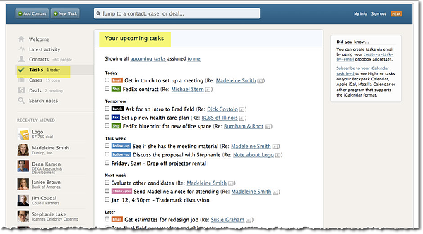 highrise crm contact management software tasks