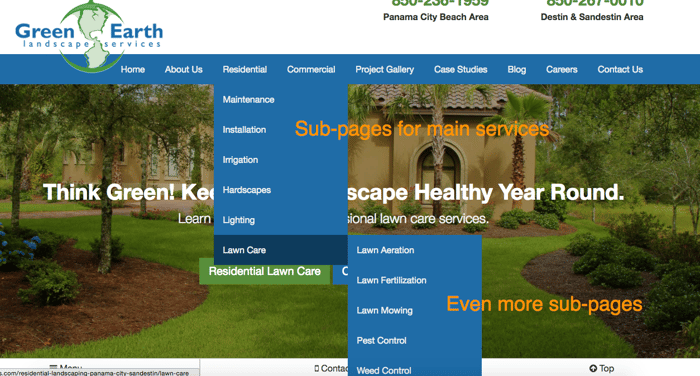 Site structure and navigation for GreenEarth Landscapes website