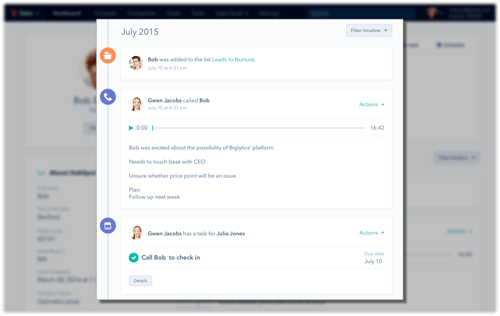 HubSpot CRM contact timeline