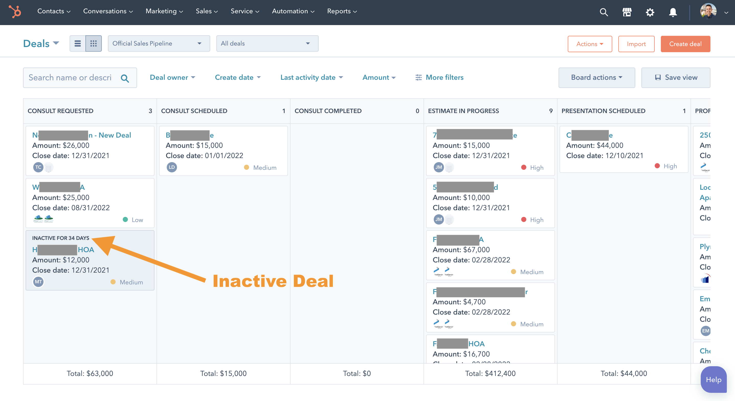 deal pipeline with inactive deals - hubspot