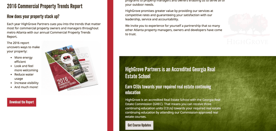 Multiple CTAs on Highgrove Partners website homepage.
