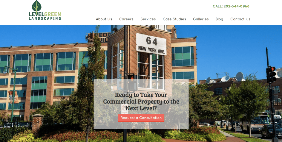 Level Green Landscaping CTA in their hero image on their website homepage.