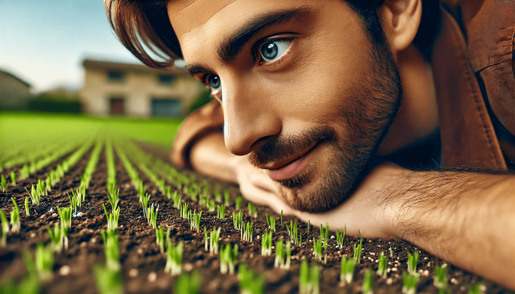 man watching grass seed growing (1)