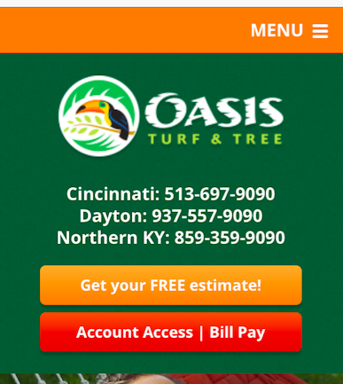 Oasis Turf & Tree menu on their mobile website homepage.